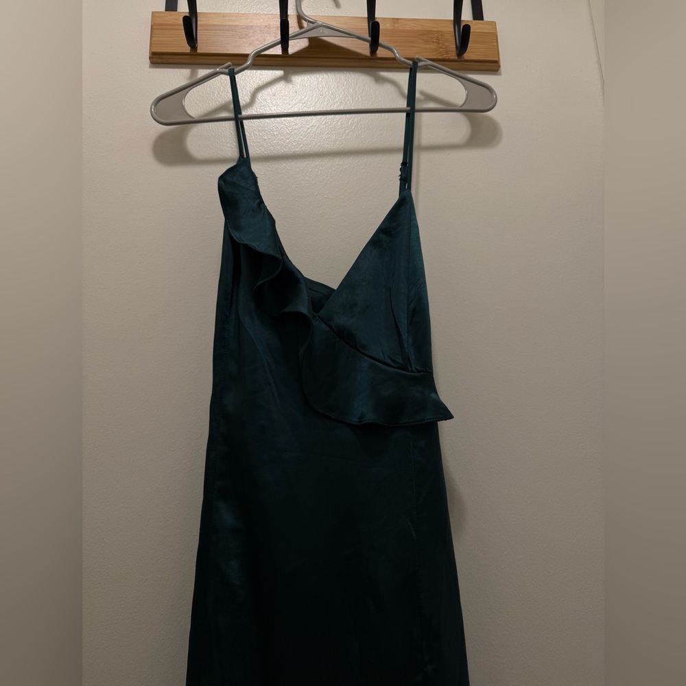SOLD OUT Lucky Lady Hunter Green Satin Ruffled Maxi Dress - Picture 9 of 12